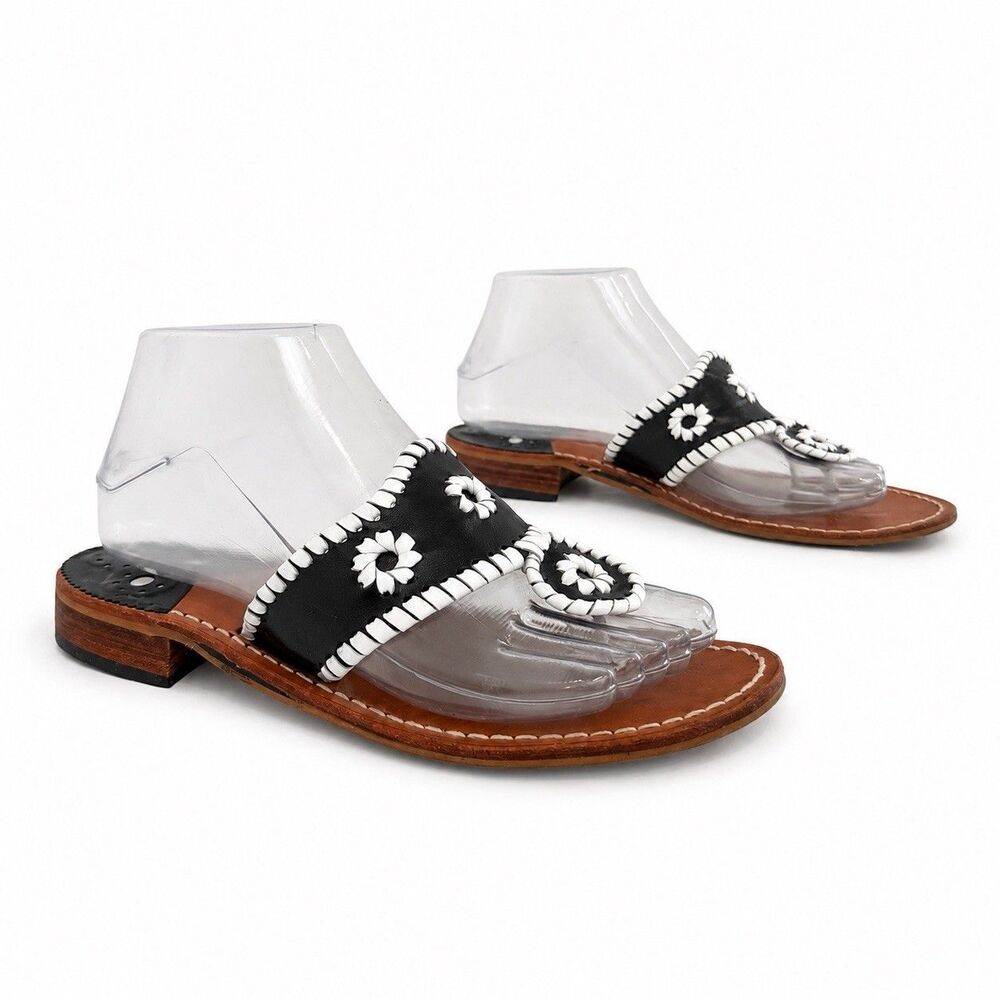 Jack Rogers Women’s 7N Black White Leather Thong Sandals Floral Whipstitch